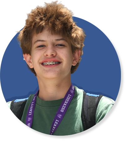 Close-up portrait of a person wearing a green shirt, backpack straps, and a purple lanyard, displayed in front of a blue circular graphic background.